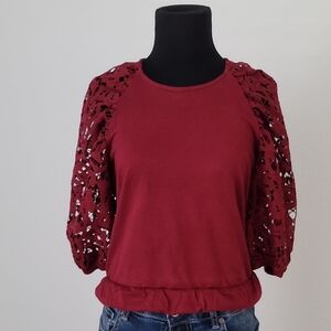 Anthropologie Lace-sleeved Top in Wine, Xsmall